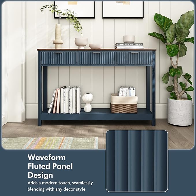 Set of 2 Console Table with Drawers, Modern 47.1" Entryway Table with Storage Shelf, Boho Narrow Skinny Behind Couch Wood Sofa Table for Living Room Hallway Entrance Foyer,Blue