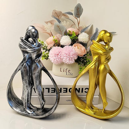 Couple Sculptures for Home Decor, Anniversary Statue Gifts, Hugging Couple Figurines, Modern Romantic Sculptures for Living Room, Bedroom, Office Decor (Silver)