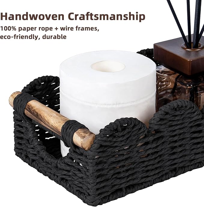 CubesLand Bathroom Basket Organizer w/Cut Out Handle, Back of Toilet Paper Storage Baskets for Bathroom Countertop Decorative, Small Scalloped Wicker Basket Also for Home Decor, Living Room, Black