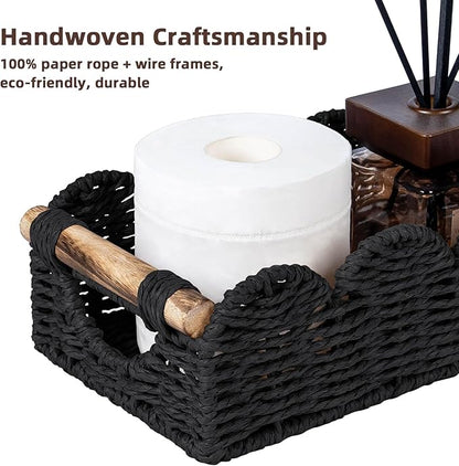 CubesLand Bathroom Basket Organizer w/Cut Out Handle, Back of Toilet Paper Storage Baskets for Bathroom Countertop Decorative, Small Scalloped Wicker Basket Also for Home Decor, Living Room, Black