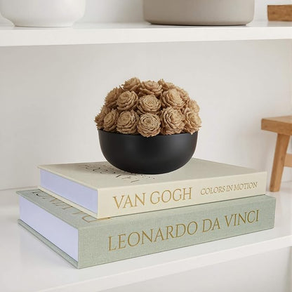Decorative Storage Books Set of 2, Linen Cover, Gold Letters, White and Green