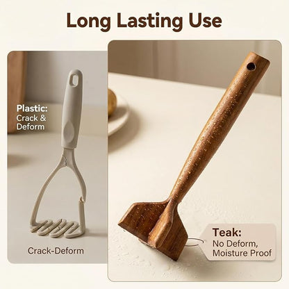 Natural Teak Wood Meat Masher, Ground Beef Masher, 11.5 Inch Chicken Shredder Tool, Multipurpose Kitchen Tool