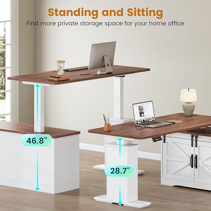 SEDETA Farmhouse L Shaped Standing Desk, 55 inch Height Adjustable Corner Desk with Storage Drawers, Standing Computer Desks with Power Outlets for Home Office, White