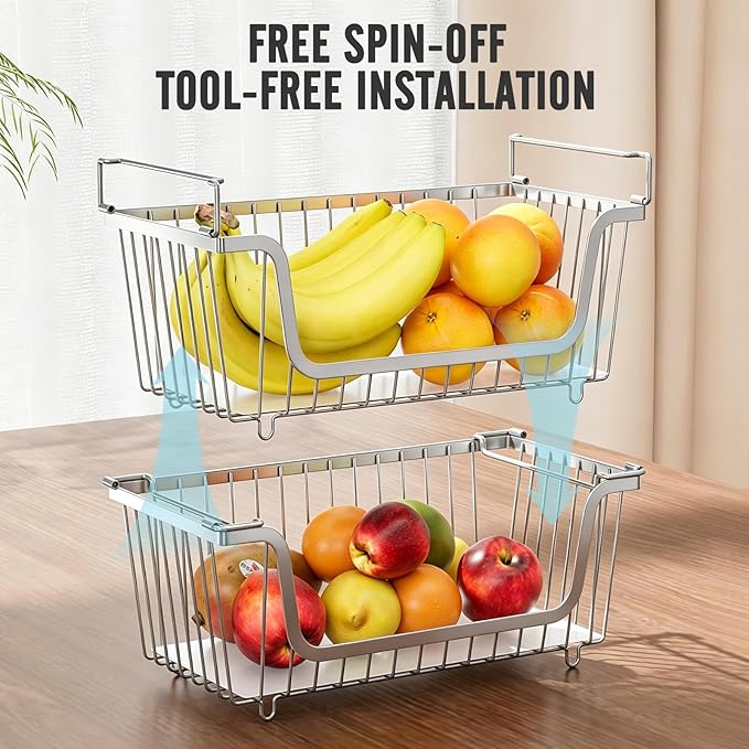 GAOKASE 4 Pcs Stackable Wire Baskets for Pantry Organizers and Storage,Vegetable Fruit Basket for Countertop,Kitchen Storage Metal Baskets,Produce Potato Onion Storage Bin,silver