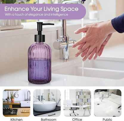 Topsky Stripe Glass Soap Dispenser with Black Plastic Pump, 400ml Liquid Hand Soap Dispenser, Rustproof Pump for Kitchen & Bathroom, Great for Lotions, Essential Oil, Liquid Soaps-Purple