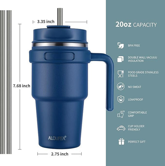 20 oz Insulated Coffee Mug Tumbler with Handle, Stainless Steel Travel Mug Tumbler with Lid and Straw,Double Wall Vacuum Leak Proof Ice Coffee Thermal Cup, Navy and Army Green