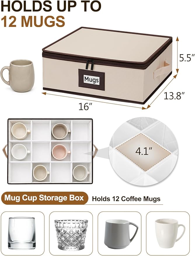 punemi Mug Storage Organizer, Coffee Mug Storage Boxes with Padded Dividers & Hard Shell Support, Stackable Tea Cup Storage Containers with Handles for Packing, Moving & China Storage, Beige, 2 Pack