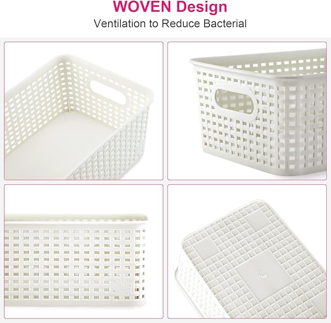 AREYZIN Plastic Storage Baskets With Lid Organizing Container Lidded Knit Storage Organizer Bins for Shelves Drawers Desktop Closet Playroom Classroom Office, White, 6 Pack