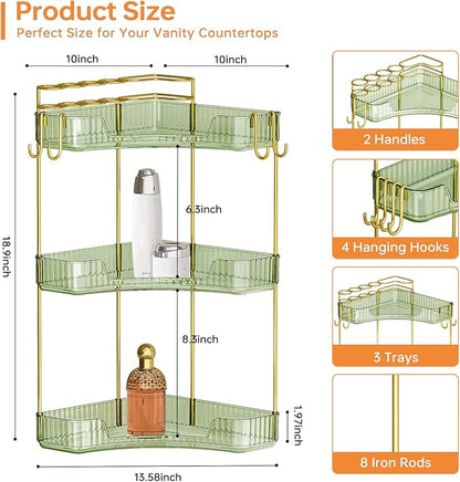 3-Tier Corner Bathroom Counter Organizer，Makeup & Skincare Shelf with Built-in Brush Holder，Space-Saving Bathroom Countertop Organizer for Skincare, Perfume, Cosmetics(Green)