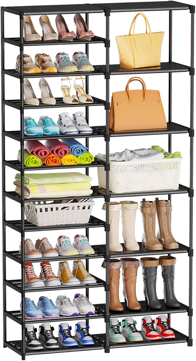 12 Tier Shoe Rack Tall, Metal Shoe Rack Organizer, Large Capacity Holds 34-50 Pairs, Boot Rack Organizer for Entryway, Closet, Garage, Black