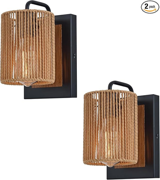 Boho Rattan Wall Sconces Set of Two, Farmhouse Wall Light Fixtures Lighting with Hand Woven Hemp Rope Shade Bedside Wicker Wall Lamp, Wall Mount Light Fixture for Bedroom Living Room Bathroom Stairway