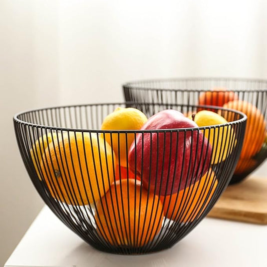 7UYUU Metal Wire Fruit Basket, Black Fruit Vegetable Bowl for Kitchen Counter, Round Produce Storage Basket for Veggie Snack (Round A)