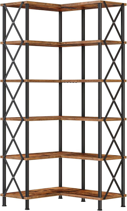 HOOBRO Corner Bookshelf, 6-Tier L-Shaped Bookcase, Industrial Open Display Shelf Tall Storage Organizer, Vertical Storage Rack, for Living Room, Home Office, Rustic Brown and Black BF61SJ01