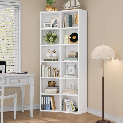 Semoic 71" Bookcase, 6 Tier Large Bookshelf with Storage, Floor Standing Open Display Storage Shelves, Modern Tall Floor Standing Book Shelf for Living Room,White
