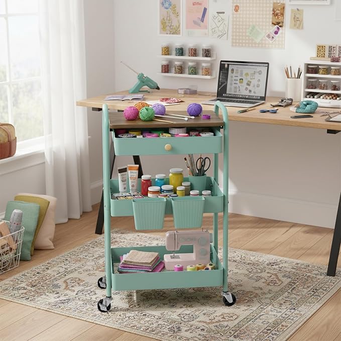 danpinera 3 Tier Rolling Cart, All-in-One Art Cart Organizer on Wheels for Kitchen, Bathroom, Office, Laundry