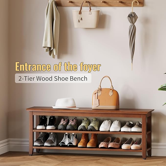 Wood Shoe Bench for Entryway,Bench with Shoe Rack,Storage Shoe Organizer for Hallway,Living Room,Bedroom (Brown, 47.24''W×11.81‘’D×17.71‘’H)
