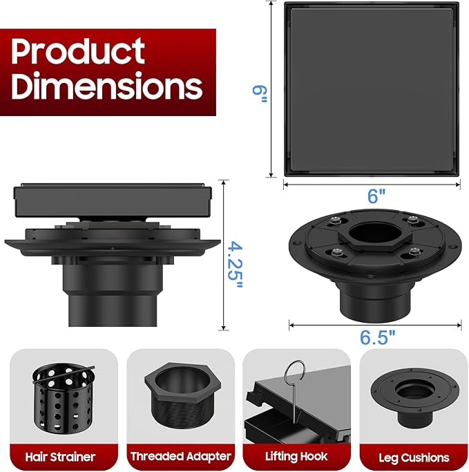 DLONE Square Shower Drain | 6 Inch AISI 304 Stainless Steel Shower Drain with Tile Insert Panel, Matte Black Shower Floor Drain in Bathroom, Balcony etc