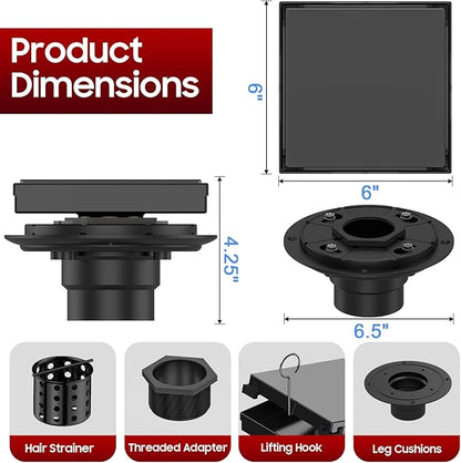 DLONE Square Shower Drain | 6 Inch AISI 304 Stainless Steel Shower Drain with Tile Insert Panel, Matte Black Shower Floor Drain in Bathroom, Balcony etc