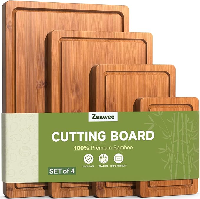 4-Piece Set Bamboo Cutting Board for Kitchen - Crack-Resistant Wood Chopping Boards with Deep Juice Grooves, Pre-Oiled Butcher Block for Meat, Vegetables & Cheese, Carbonized