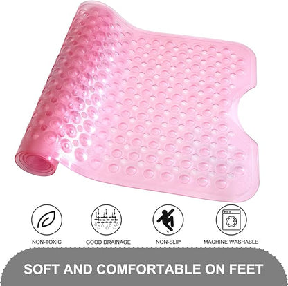 TEESHLY Bath Tub and Shower Mats, Non Slip 40 x 16 Inch Extra Large Bathtub Mat, Machine Washable Bathmat with Drain Holes, Suction Cups for Bathroom Floor, Clear Pink
