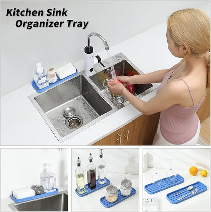 MicoYang Silicone Kitchen Sink Organizer Tray for Multiple Usage,Eco-Friendly Sponges Holder for Kitchen Bathroom Counter or Sink,Dish Soap Dispenser,Scrubber,Bottle,Cup (Lichen Blue, 12"×4")