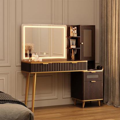 QUW Fluted Makeup Vanity Desk with Mirror and Lighits, 48" Modern Glass Top Vanity Table with Charging Station, Vanity Mirror with Adjustable Brightness, Dressing Table for Bedroom, Dark Walnut