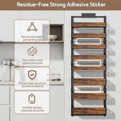 Over the Door Pantry Organizer: Pantry Organization and Storage with Hanging Basket - 8-Tier Adjustable Shelves Metal Spice Rack for Kitchen Laundry Room Bedroom & Bathroom