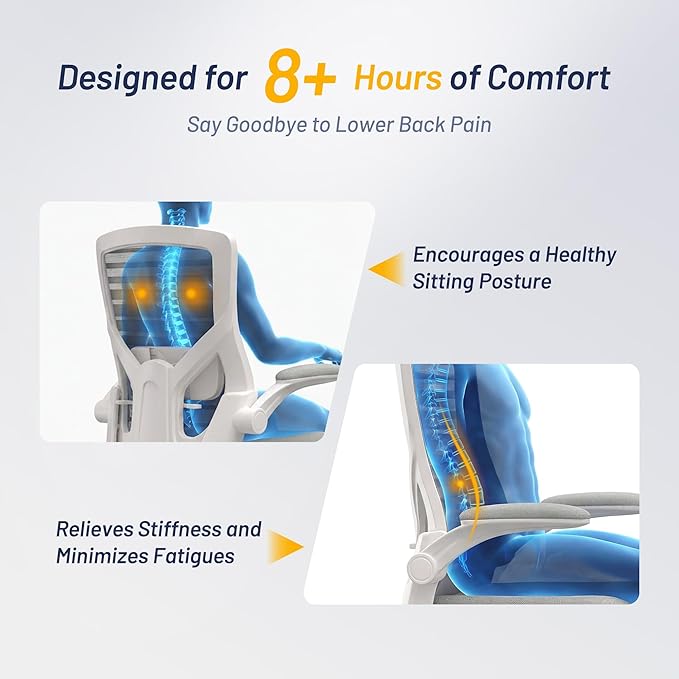 Office Chair for Long Hours & Lower Back Pain Relief – 4" Molded Foam Cushion, Padded Lumbar Support, and Padded Flip-up Armrests, Ideal for Office or Study, Light Gray