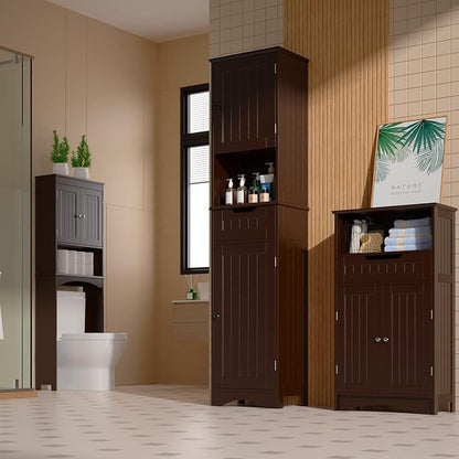Gizoon 67" H Tall Bathroom Cabinet, Storage Cabinet with 2 Doors & Drawer, Narrow Linen Tower Freestanding Adjustable Shelves for Home, Kitchen, Versatile, Anti-Tipping, Dark Brown | Tall