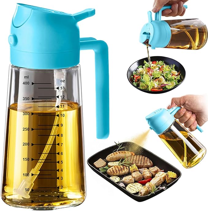 TrendPlain 16oz/470ml Glass Olive Oil Sprayer for Cooking – 2 in 1 Olive Oil Dispenser Bottle for Kitchen Gadgets and Air Fryer Accessories, Salad, BBQ - Sky Blue