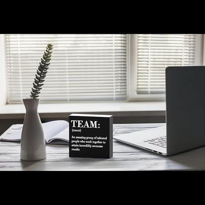 HTBIG Inspirational Team Noun Office Decor Desk Decor Wooden Box Sign Rustic Black Wood Block Plaque Box Sign for Home Office Desk Shelf Table Decoration Coworker Gift Team Definition send friends