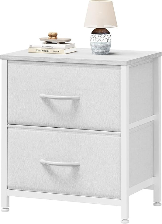 Sweetcrispy Nightstand with 2 Storage Drawers, 20" Height Small Bed Side Furniture End Table, Wooden Top Fabric Cabinet Kids Night Stand Mini Dresser for Bedroom, Closet, Entryway, Dorm, White