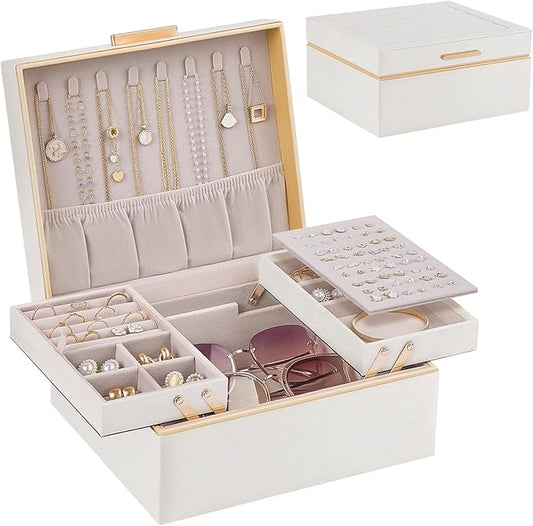 Lolalet Jewelry Box Organizer for Women Girls, 2 Layer Jewelry Organizers and Storage for Necklace Earrings Rings Bracelets, Large Jewellery Holder Case Birthday Gifts -Champagnegold