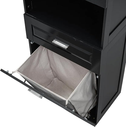 70" Tall Bathroom Storage Cabinet with Two Doors and Drawer, Open Space and Laundry Hampers for Home Display Organizer, Removable Laundry Basket, Adjustable Shelf, Black