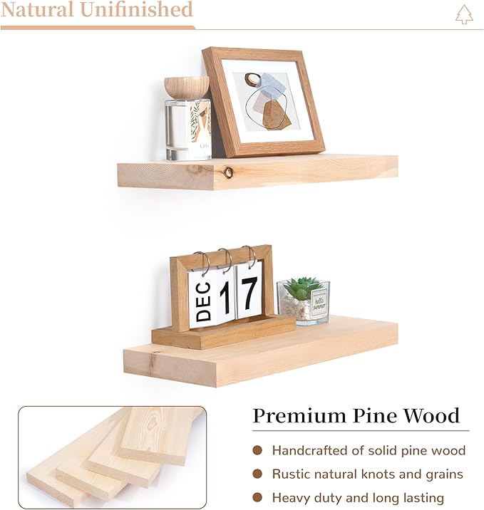 Marsmiles Natural Wood Floating Shelves | Unfinished Wood Wall Shelves Set of 2 | 16" W x 6.7" D Rustic Wooden Floating Shelves for Bathroom Kitchen Living Room Bedroom