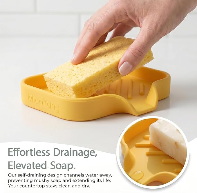 MicoYang Silicone Soap Dish with Drain Spout, Self-Draining Sink Organizer Tray for Bathroom and Kitchen, Sponges, Dispensers and Soap Holder, Non-Slip & Dishwasher Safe, Yellow (Compact, 4.9"×3.2")