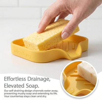 MicoYang Silicone Soap Dish with Drain Spout, Self-Draining Sink Organizer Tray for Bathroom and Kitchen, Sponges, Dispensers and Soap Holder, Non-Slip & Dishwasher Safe, Yellow (Compact, 4.9"×3.2")