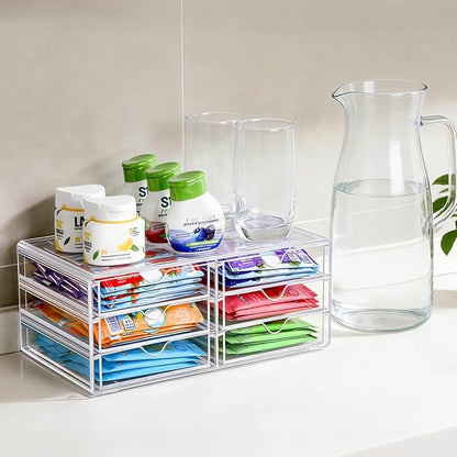 AIEVE Drink Packet Organizer, Stackable Storage Drawers for Tea Bag Organizer, Water Packet Holder with 6 Drawers Acrylic Bins for Kitchen Cabinets Pantry Office Organization