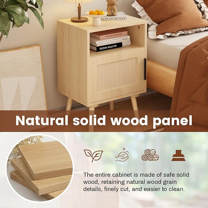 Rattan Nightstand with Storage, Side Table for Bedroom Living Room Dorm, Modern Bedside End Table with Open Shelf, Solid Wood Legs,Oak