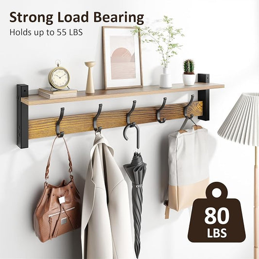 Optish Coat Rack Wall Mount with Shelf, 29 Inch Coat Hanger Walls Mounted, Hat Rack for Walls, Shelf with 5 Coat Hooks, Wall Hanger for Entryway (Brown)