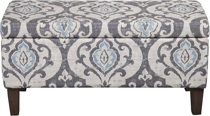HomePop Large Upholstered Rectangular Storage Ottoman Bench with Hinged Lid, Slate Damask