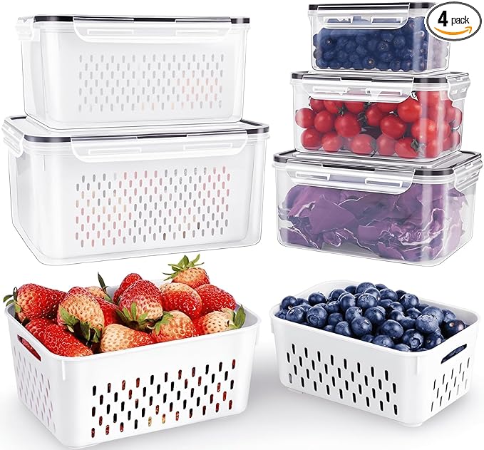 4-Piece Fruit Storage Containers for Fridge, Leakproof and Removable Colander, Dishwasher & Microwave Safe, Extend Freshness of Fruits and Vegetables (White)