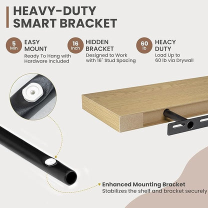 Acovy 72 Inch Floating Shelves, 8 Inch Deep Floating Shelves for Wall, Hanging Shelf with Invisible Brackets, Deep Shelves for Bathroom, Bedroom, Living Room, Oak, Set of 2