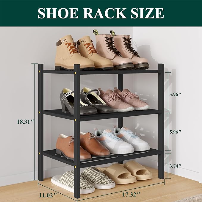 Smiry Small Bamboo Shoe Rack 3-Tier, Stackable Wooden Shoe Organizer for Entryway & Closet, Free Standing Wood Shoe Storage Shelf for Front Door & Small Spaces, Black