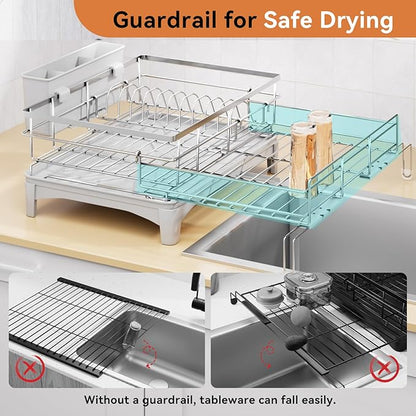 Dish Drying Rack, 304 Stainless Steel Expandable Dish Drainer for Kitchen Counter, Space-Saving with Utensil Holder, Gray