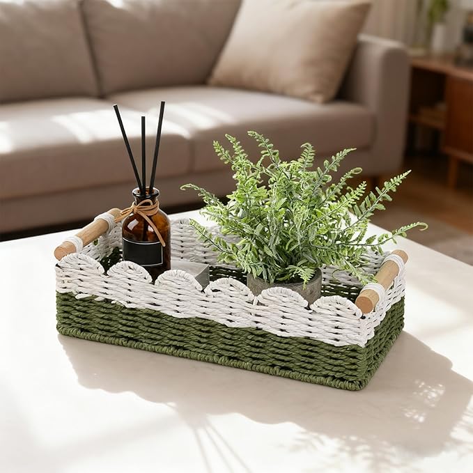 Scalloped Edge Toilet Paper Storage Basket for Bathroom Decor,Handwoven Small Paper Rope Tank Basket for Over Toilet Storage Shelf, End Table,Shelves and More, with 2 Wooden Handle