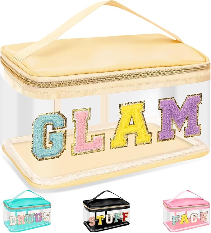 Chenille Letter Clear Makeup Bags Glam Pouch, Preppy Patch Makeup Bag Zipper with Handle, Transparent PVC & Nylon Waterproof Glitter Cosmetic Handbag Travel Toiletry Storage for Women Girl(GLAM-Beige)