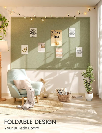 Fluxynara Large Bulletin Board, 70.8" x 47.2" Cork Board Alternative with 48 Safe Removable Adhesive Tabs, Foldable Felt Pin Board for Home Office, Classroom, Bedroom,Entryway for Walls— Sage