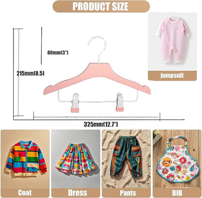 Pink 12.7" Ultra-Thin Wooden Children Closet Clothes Clips Hangers 20PCS Wood Baby Kids Coat Hangers for Infant Toddler Newborn Jumpsuit Pants Skirts Jeans Space Saving Heavy Duty Durable