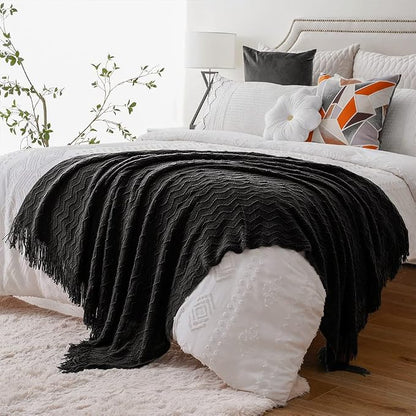 BATTILO HOME Black Throw Blanket for Couch, Boho Black Throws for Home Decor, Soft Throw Blankets for Bedroom Decor Housewarming Gifts, 50"x60"